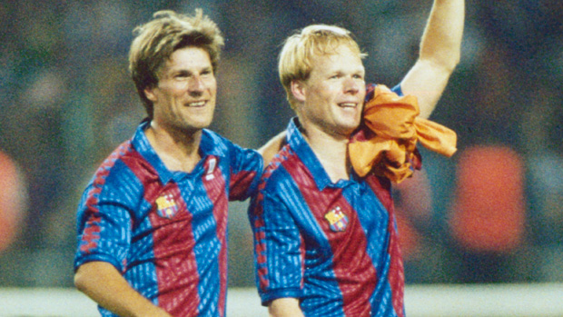 Michael Laudrup celebrates with Barcelona team mate Ronald Koeman